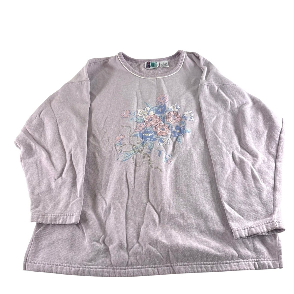 Vintage Bold Spirit Lavender Floral Graphic Sweatshirt Womens Large 90s Purple